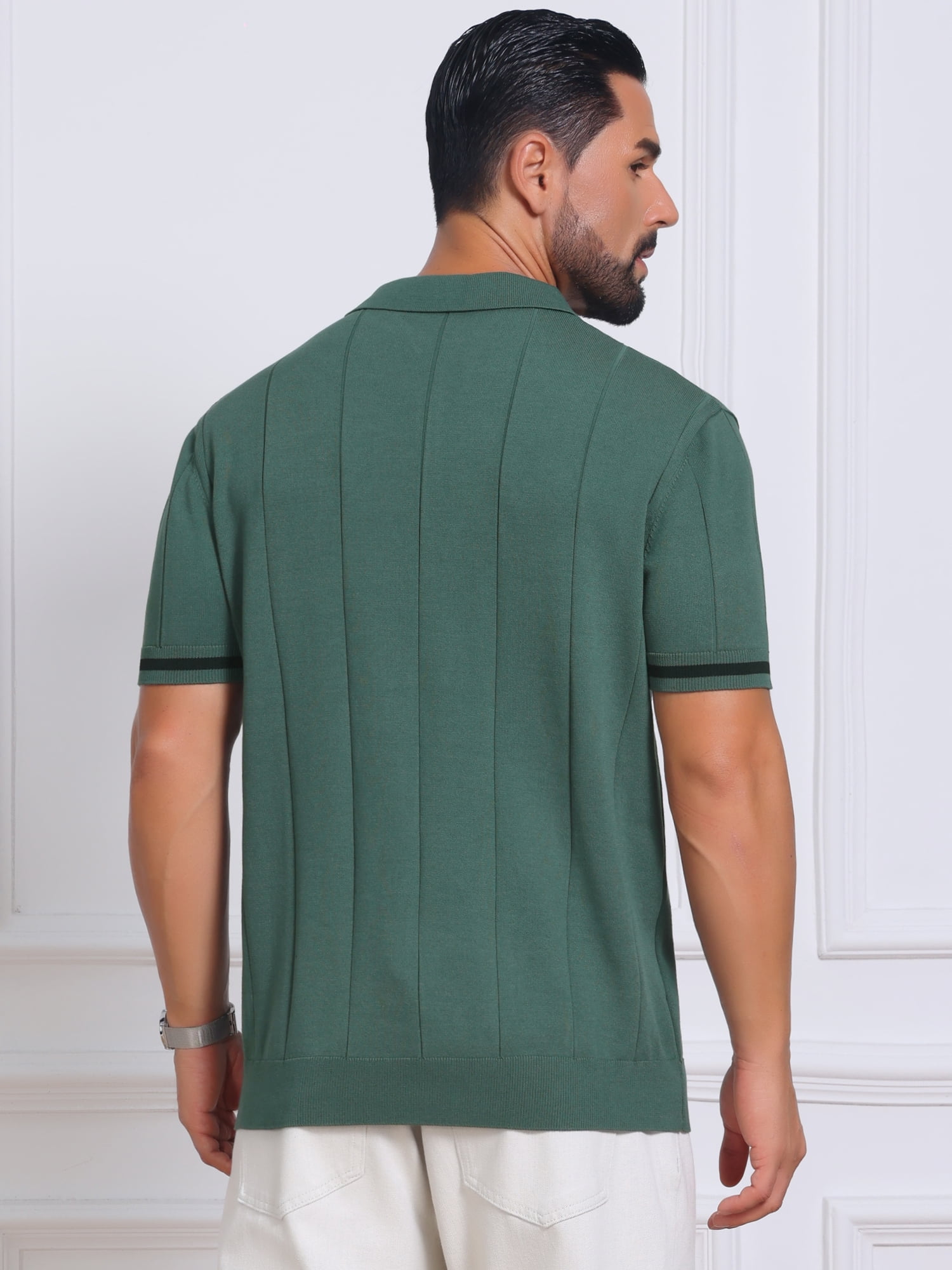 DARING DIVA Men's Textured Zip Up Ribbed Hem Short Sleeve Golf Polo Shirts L Green