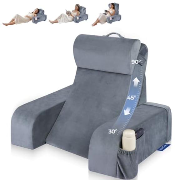 Reading Pillow with 30-90 Stepless Adjustable Angle Height 2 in 1 Back Wedge Pillow for Bed Sitting up with Detachable Arms Rest Backrest Pillow for Reading/Gaming/Working in Bed or Couch Medium