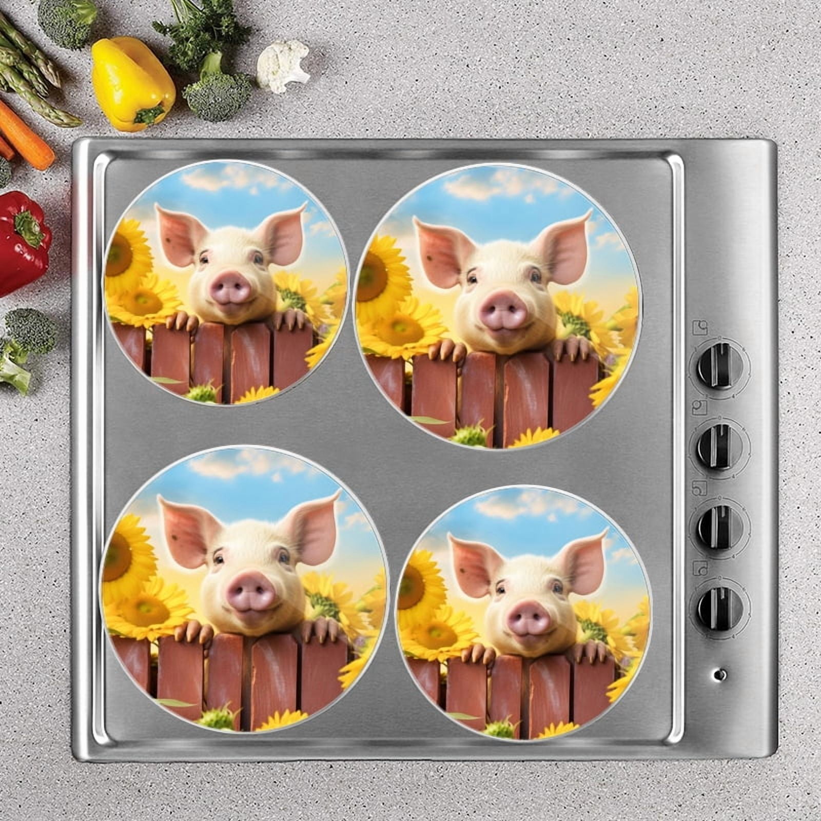 Bahomeck Electric Stove Burner Covers Set Of 4,Cute Pig Peeking Over The Fence With Sunflowers Metal Gas Stove Burner Covers,Protecting Gas Stoves,8 Inch And 10 Inch