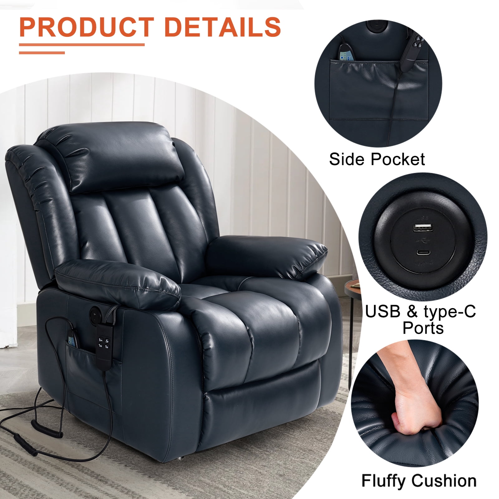 TEKAMON Infinite Position Lift Recliner Chair for Elderly with Heat and Massage Lay Flat Sleeping Leather Dual Motor Power Lift Chair for Living Room (Blue)