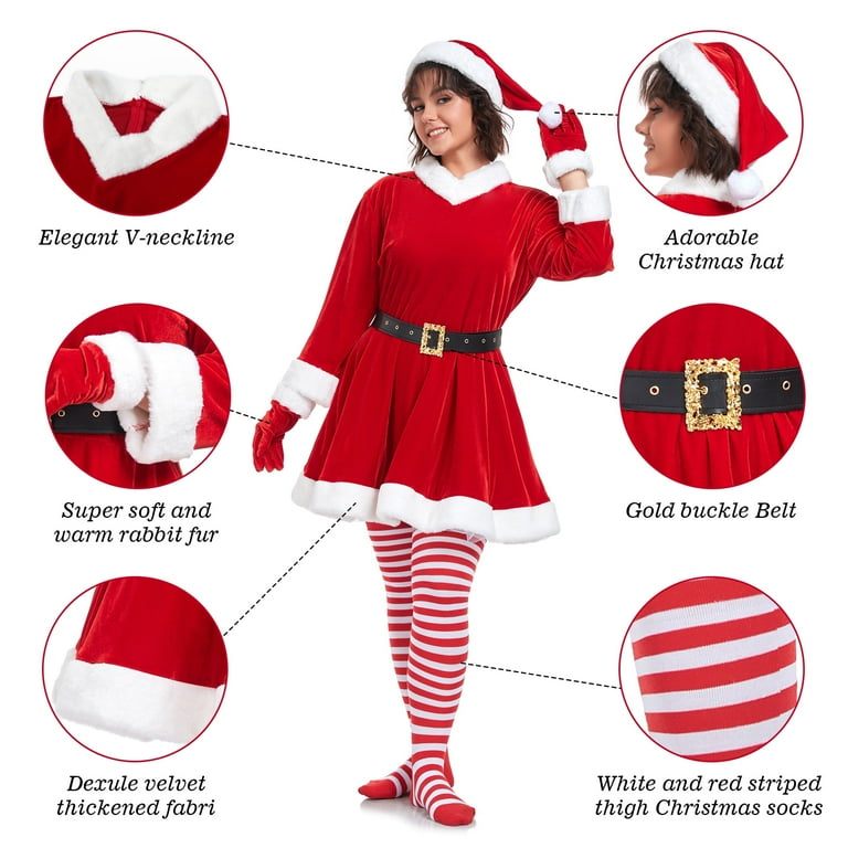 Women's Miss Santa Costume Claus Outfit Dress+ Belt+Hat+