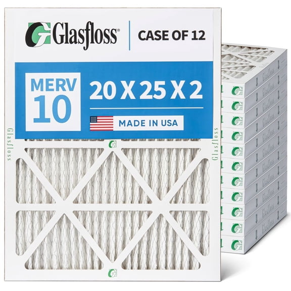 12 Pack of 20x25x2 MERV 10 Pleated 2" Inch Air Filters by Glasfloss. Actual Size: 19-1/2 x 24-1/2 x 1-3/4