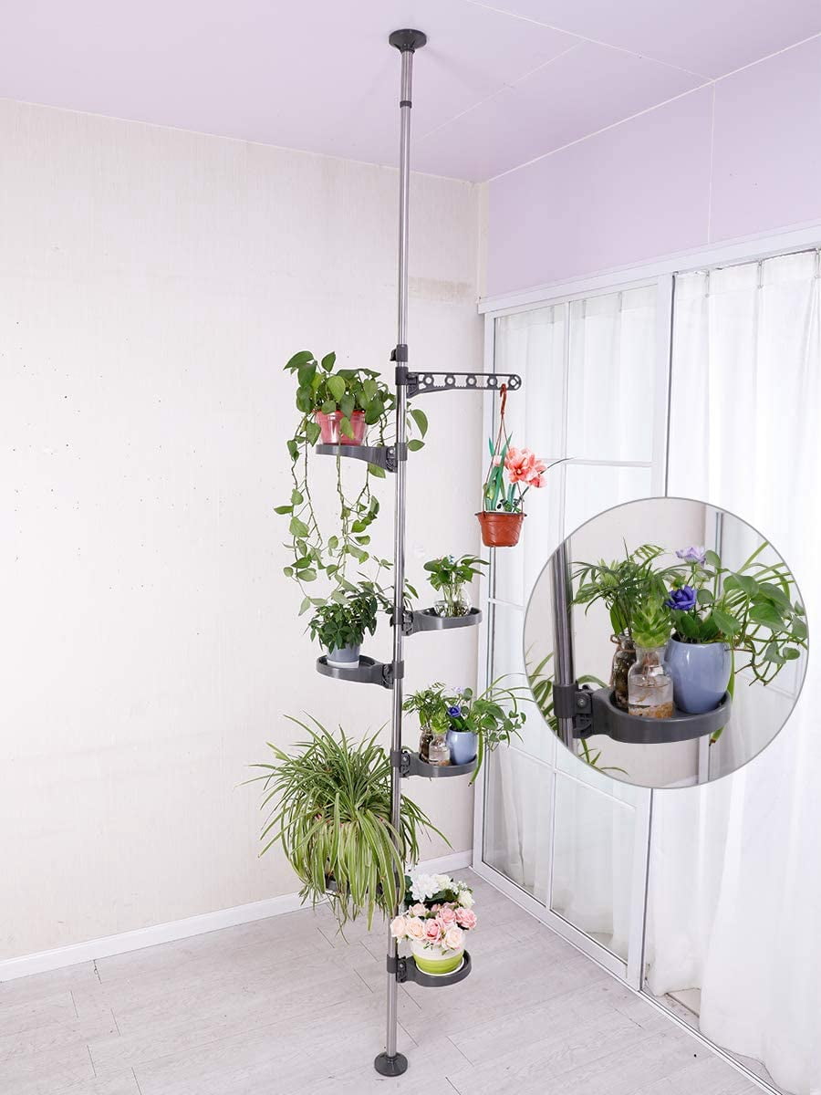 7-Tier Indoor Plant Pole Spring Tension Rod Expandable Flower Pots Display  Rack Stand Hanger Metal Corner Storage Shelf, Grey - Walmart Business  Supplies