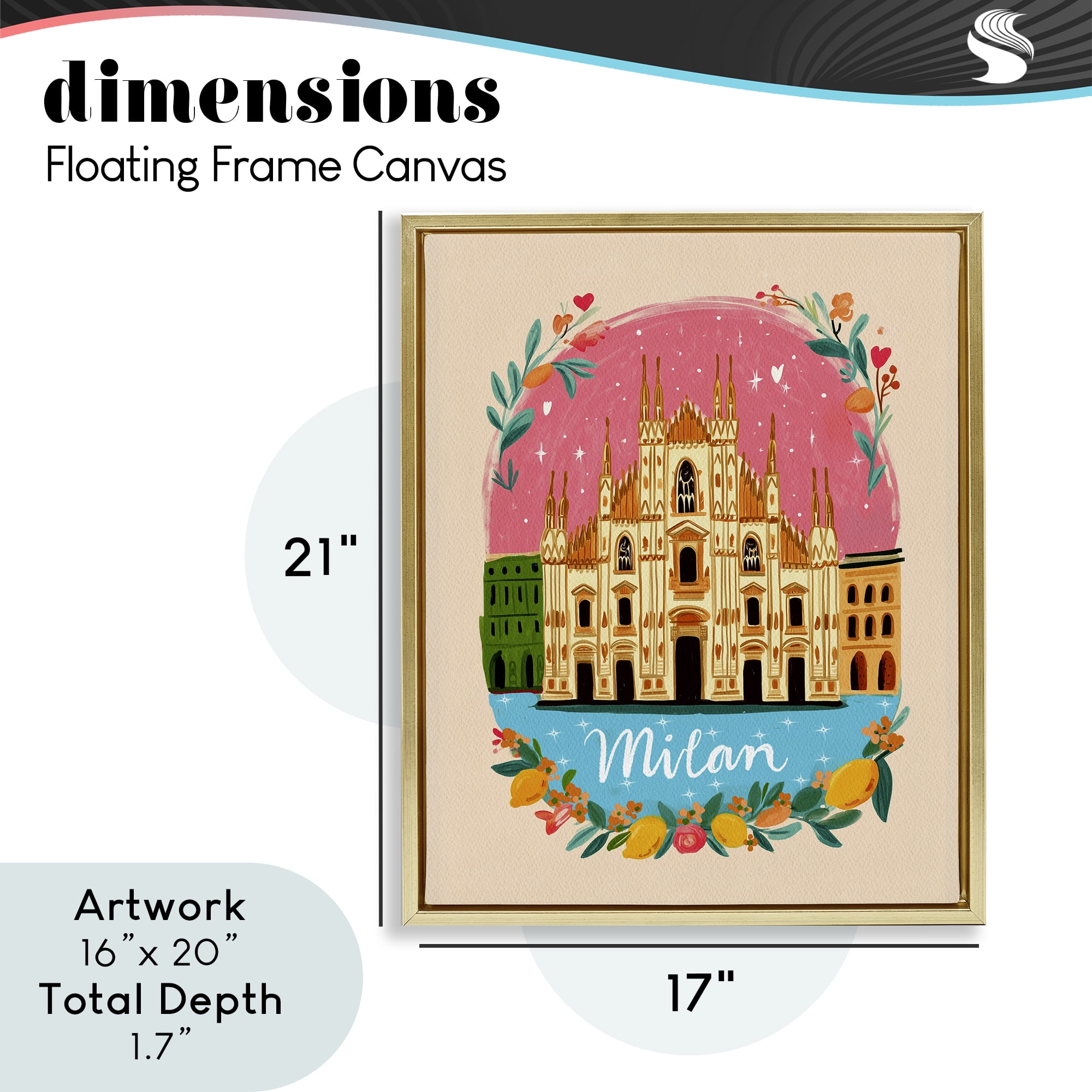 Floral Bordered Milan Gold Framed Floater Canvas Wall Art, design by Yen