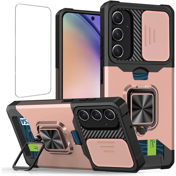 Design for Samsung Galaxy A54 5G Phone Case with Screen Protector Card Holder Stand Kickstand Heavy Duty Slim Shockproof Hybrid Rugged Drop Protective Cover for Women Men 6.4 inch Rose Gold