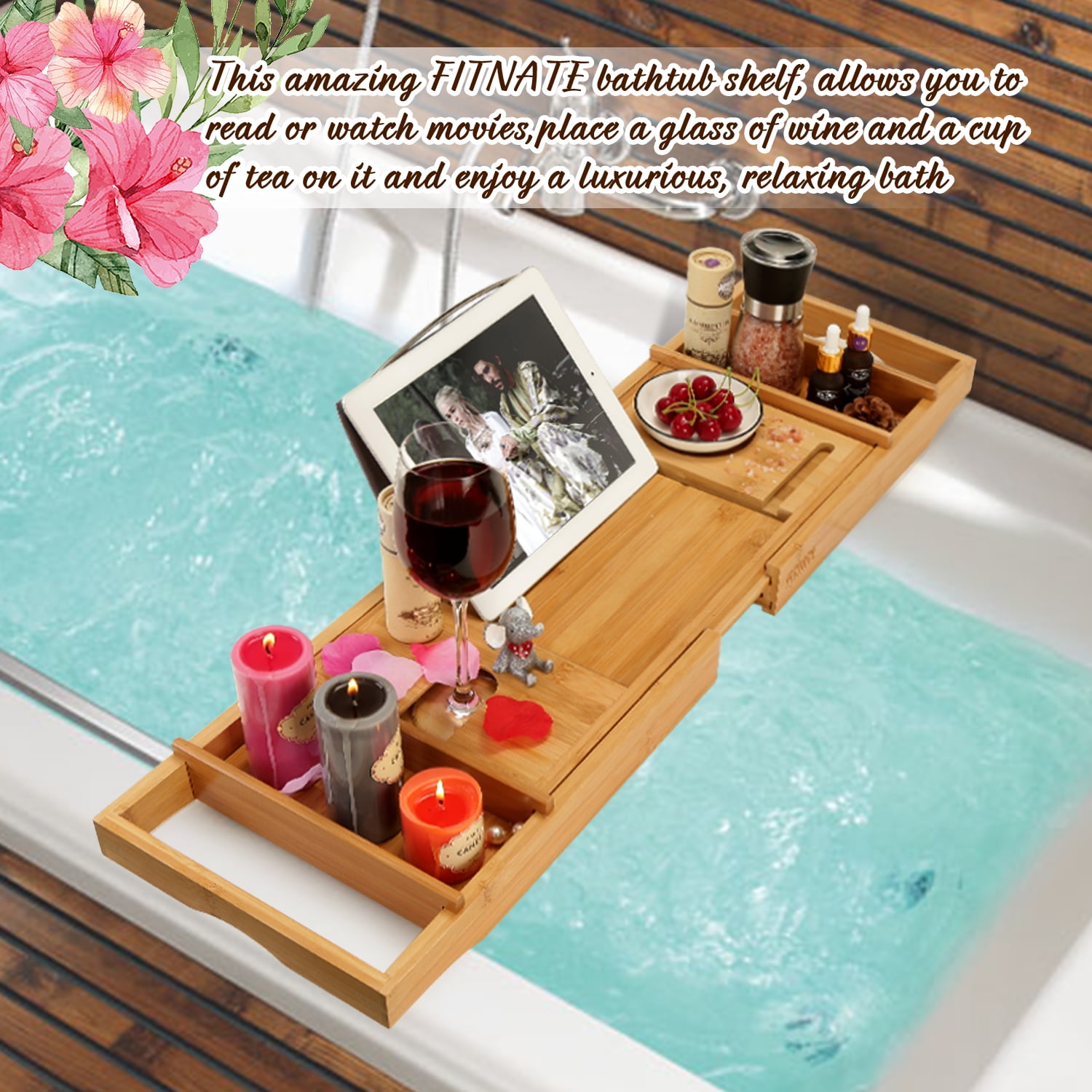 Homfa Bamboo Bathtub Tray, 29.3-43.5 Expandable Bath Table Over