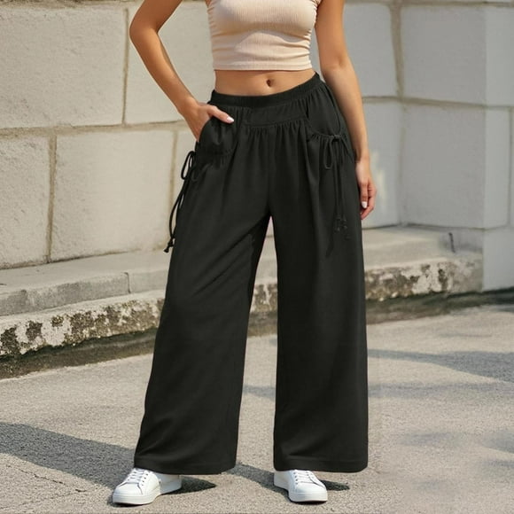 Women's Casual Pants - Loose Wide Leg Track Pants with Drawstring and Pockets for Versatile Everyday and Wear