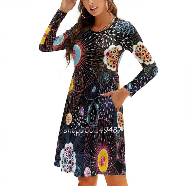 Bright Abstract Fantasy Pattern Square Neck Dress New Plus Size Elegant Women Waist Tight Dress Beautiful Abstract Pattern
