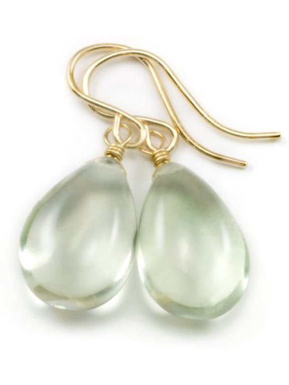 14k Gold Filled Green Simulated Prasiolite Earrings Smooth Pear Shape Simple Everyday Teardrops