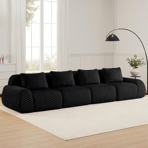 Aukfa 146" Oversized Cloud Sectional Sofa 4 Seat Modular Boneless Couch for Living Room, 4 Pillows, Flannel, Black