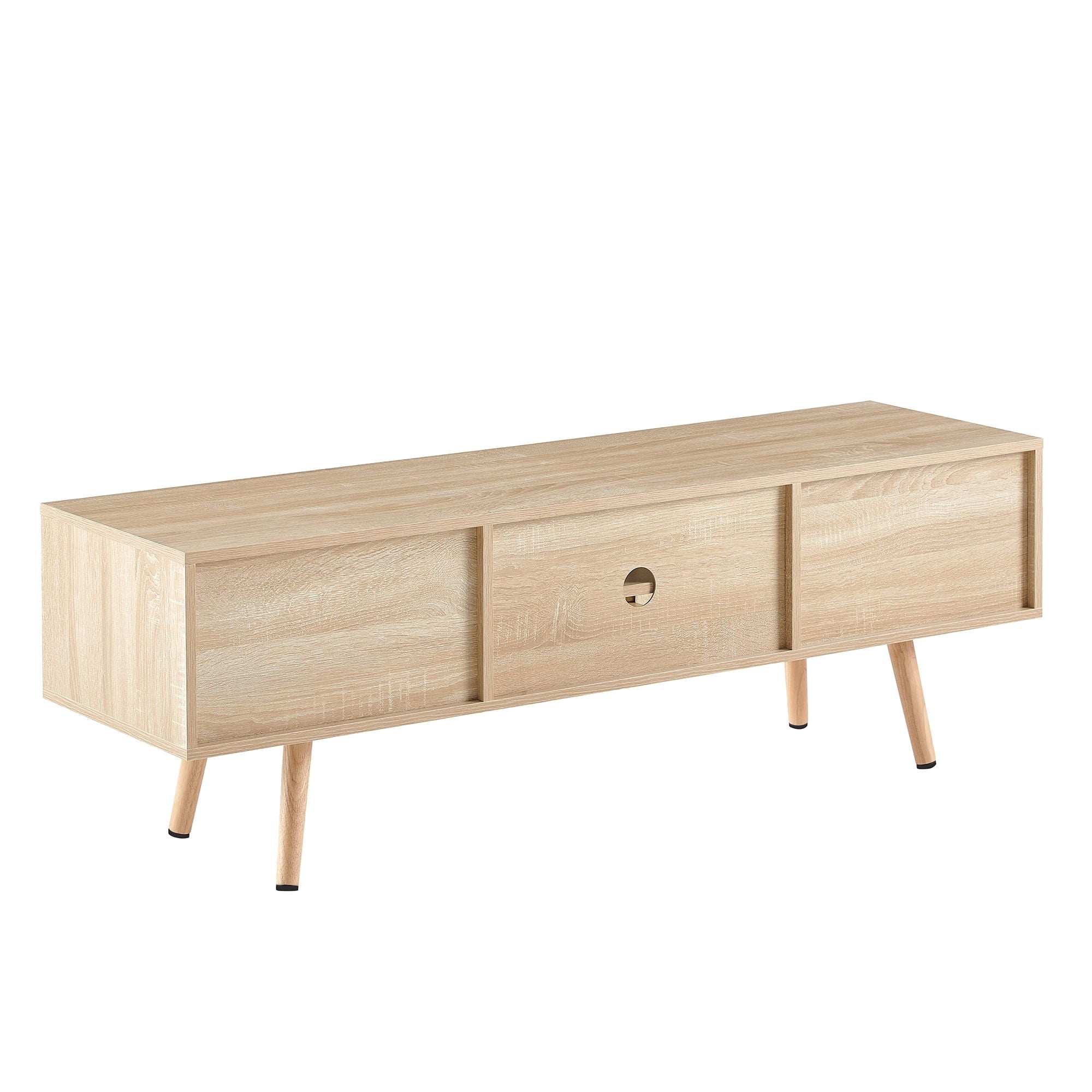 DEALTOPS Modern Rattan TV Stand with Sliding Doors and Open Storage Compartments for TVs up to 55'' -Natural