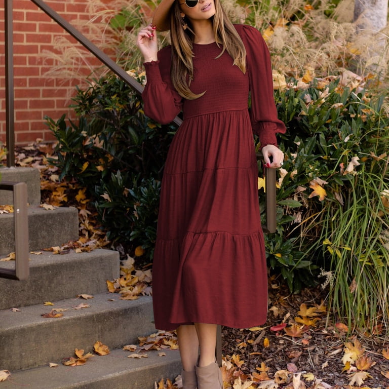OKBOP Plus Size Midi Dress for Women-Surplice Fashion Casual Solid  Round-Neck High Waist Long Sleeve Mid Calf Dress Sundress Summer -  Walmart.com