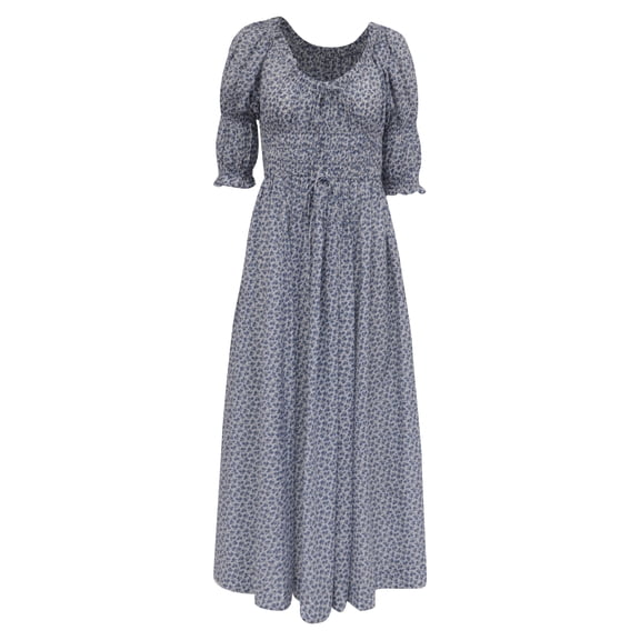 Pre-Owned Doen Ischia Shirred Floral-Print Midi Dress in Blue Cotton