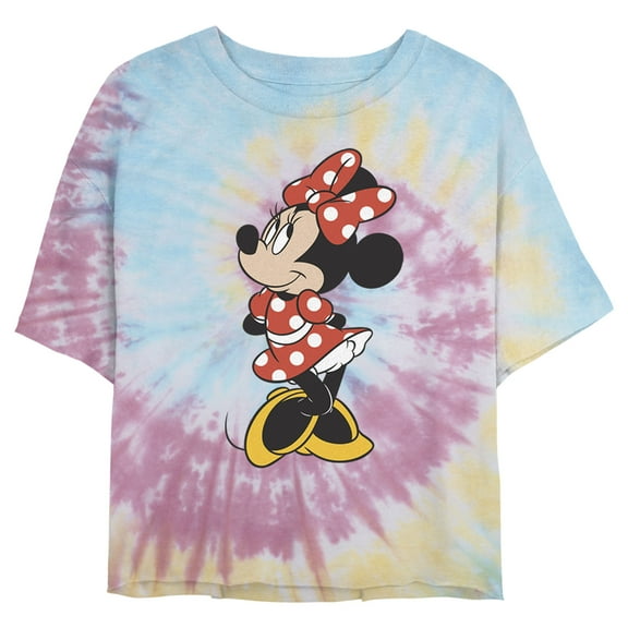 Juniors' Mickey & Friends Smiling Minnie Mouse Portrait Cropped T-Shirt Blue/Pink/Light Yellow X Large