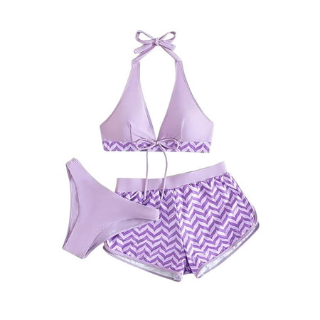 VSSSJ Women Three Piece Bikini Set V Neck Fashion Wave Printing Patchwork Halter Swimsuit with Boyshorts Triangular Beachwear High Waist Bathing Suit Bowknot Front Swimwear