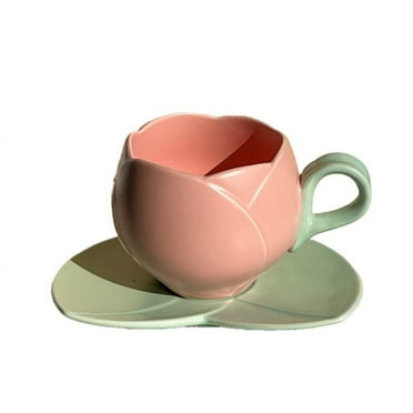 Qtmnekly 300ml Flower Shaped Ceramic Coffee Tulip Cup Teacup Saucer Ceramic Drinking Cup Tulip Mug,A ceramics Pink