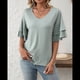 thumbnail image 4 of Blusas Elegantes con Cuello en V para Mujer, de Doble Capa, Mangas Acampanadas, 3/4, Mangas con Volantes, Verde Frijol, Talla M, 4 of 10