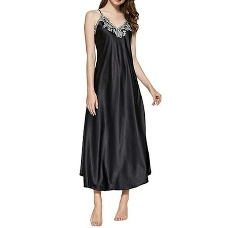 

wybzd Women V-neck Satin Silk Lace Lingerie Pajama Night Dress Nightgown Sleepwear Black S
