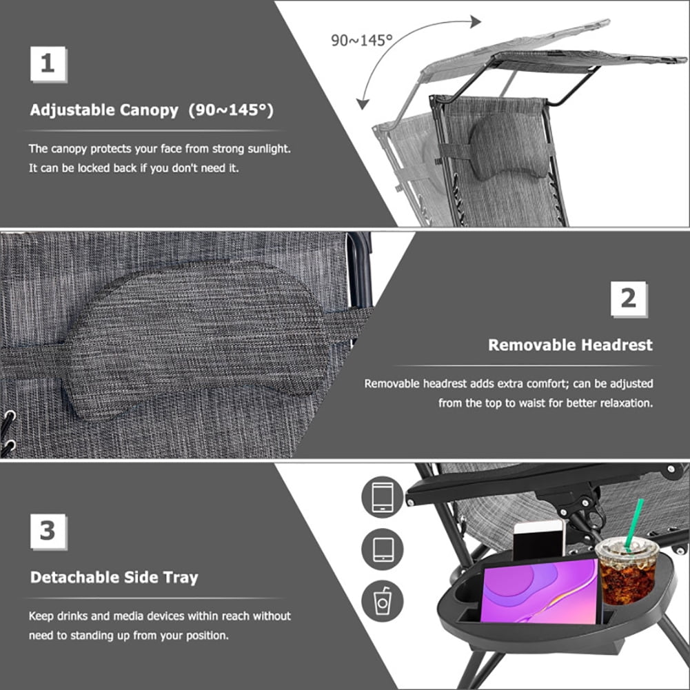 Aimee Lii Folding Recliner Lounge Chair with Shade Canopy Cup Holder, Outdoor Patio Furniture, Gray