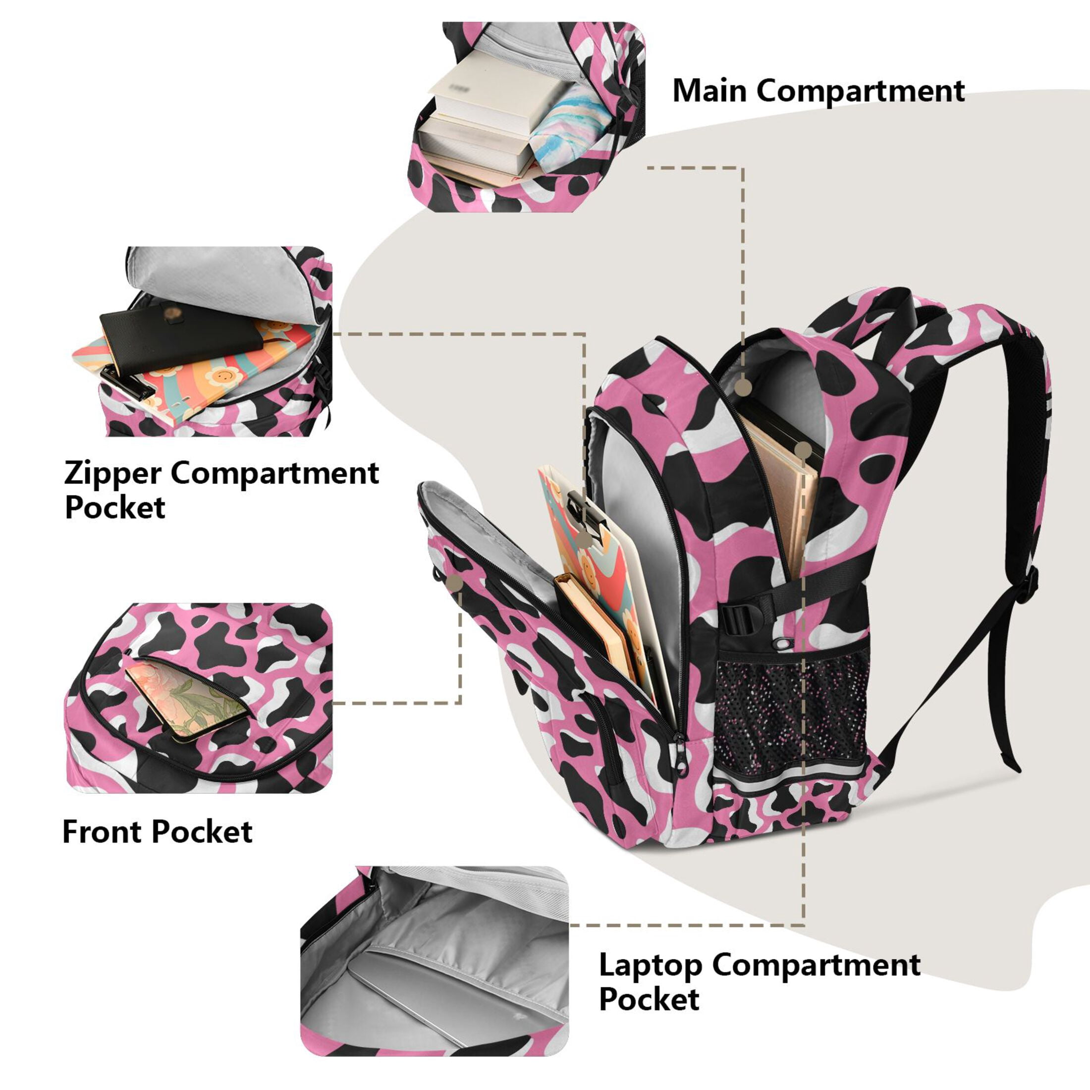 DIXRUYEE Pink Background Cow Print Pattern Backpack for School 14”Laptop Compatible with Reflective Safety Strips