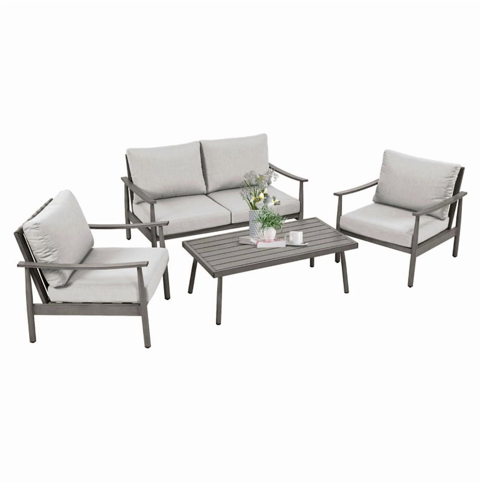 4Pcs Outdoor All-Weather Conversation Sets with Sofas & Coffee Table, Patio Aluminum Sectional Chat Sets, Gray
