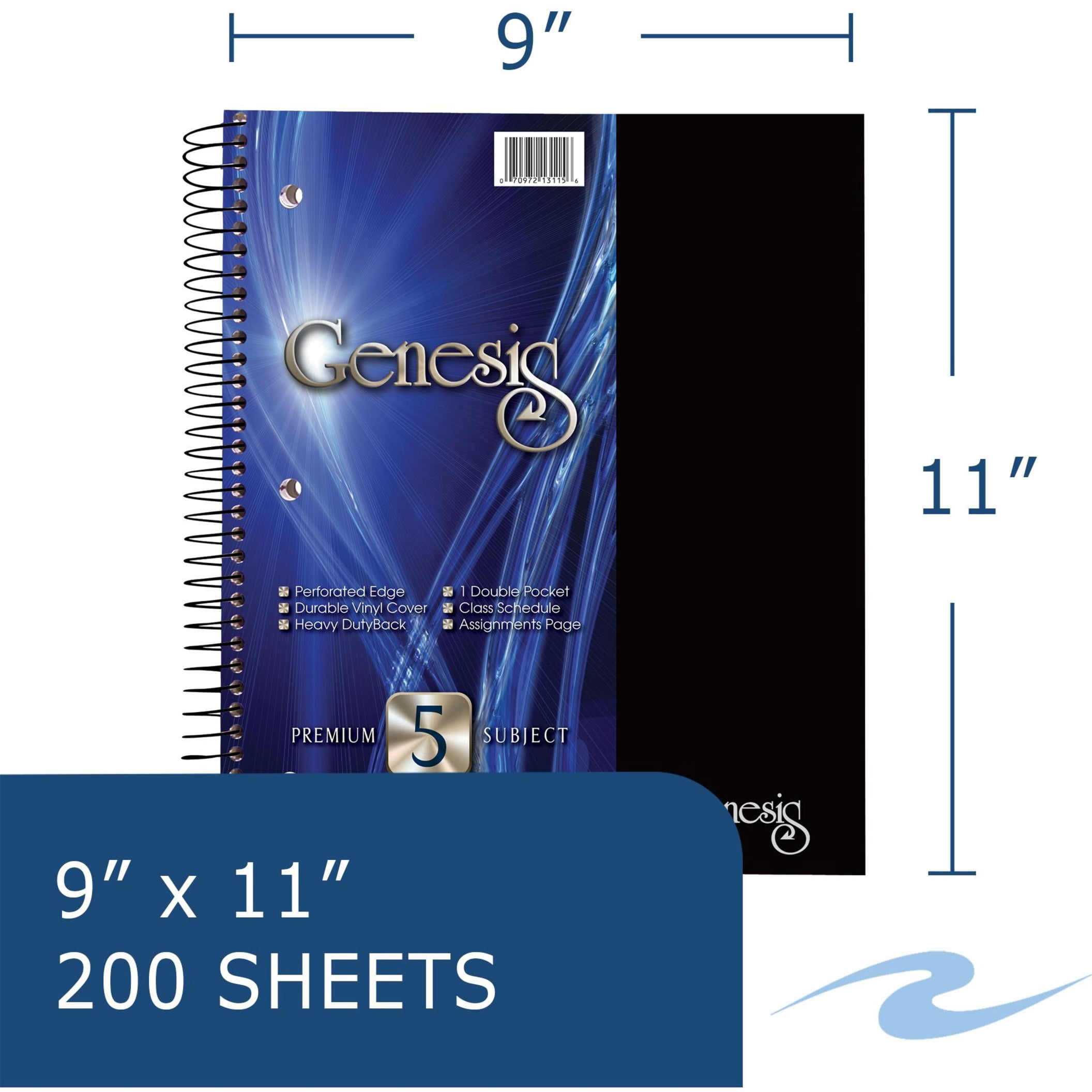 Roaring Spring Genesis College Ruled 5 Subject Spiral Notebook with Double Pocket, 1 Case (12 Total), 11" x 9" 200 Sheets, Assorted Colors