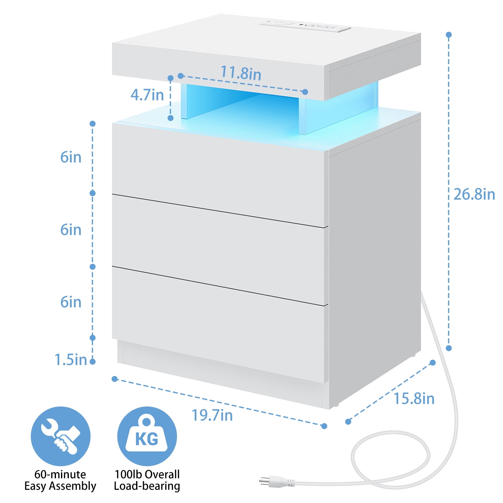 Hommpa Modern LED Nightstand with Charging Station USB Type C 3 Drawer Bedside Table High Gloss White Smart Nightstands End Side Table for Bedroom