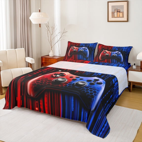 Feelyou Futuristic Gamepad Boys Twin Sheet Sets, Fashion Red Blue Honeycomb Twin Fitted Sheet, Modern Video Game Flat Sheet, Ultra Soft Bedroom Decor, 3 Pieces