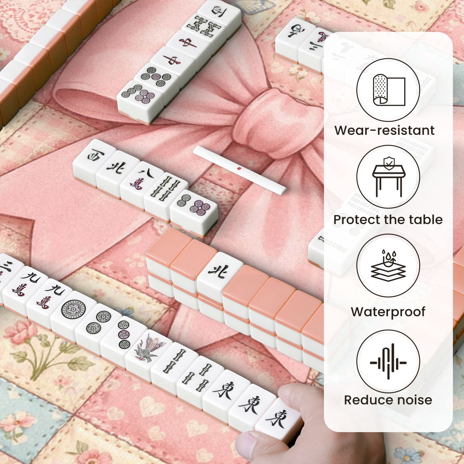 Mahjong Mat 31.5" x 31.5" Pink Floral Patchwork Bow Butterflies Non-Slip Noise Reduction Mahjong Tiles Table Cover for Dominoes Poker Card Board and Tile Games