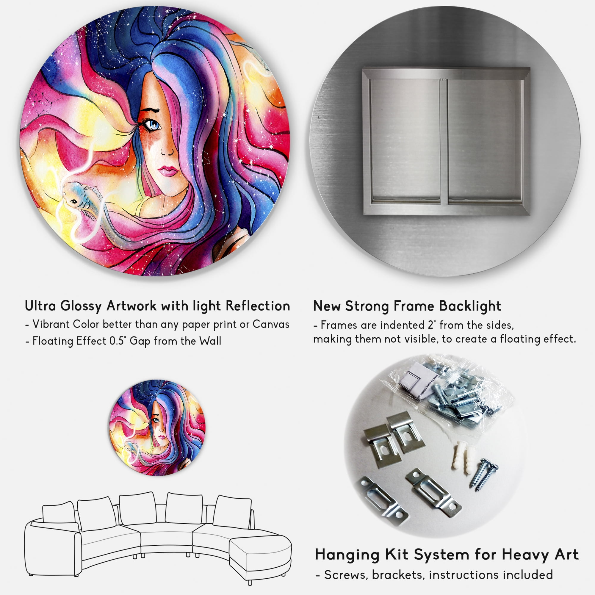 Designart 'The Girl Portrait With The Glowing Hair' Modern Circle Metal Wall Art 36x36 - Disc of 36