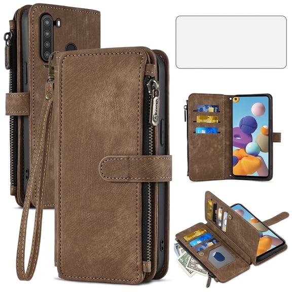 Asuwish Kickstand Hard Shell Wallet Cell Phone Case with Tempered Glass Screen Protector for Samsung Galaxy A21, Brown