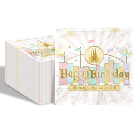 80 Pcs Princess Castle Birthday Paper Napkins Happiest Birthday On Earth Disposable Napkins Pink Pastel Rainbow Castle Napkins for Girls Birthday Party Supplies Table Decor