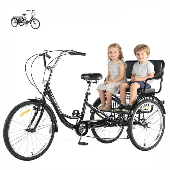 MENGFANMIN Adult Tricycle 7 Speed, 24 Inch 3 Wheel Bikes Extended Rear wheelbase Trike with Back Seat and Basket,for Women、Seniors Maximum Load 550lbs