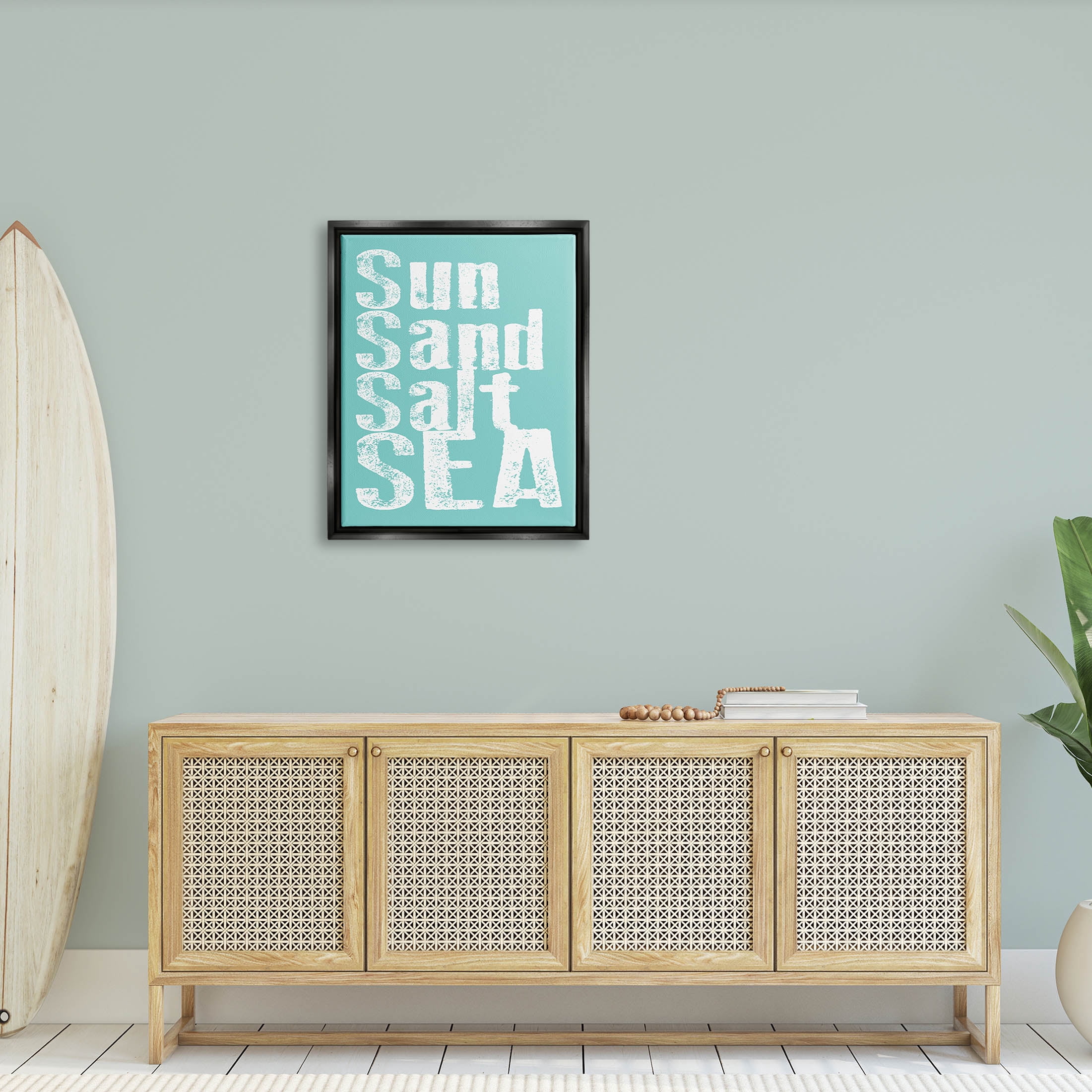 Stupell Industries Sun Sand Salt Sea Phrase Graphic Art Jet Black Floating Framed Canvas Print Wall Art, Design by Alli Rogosich