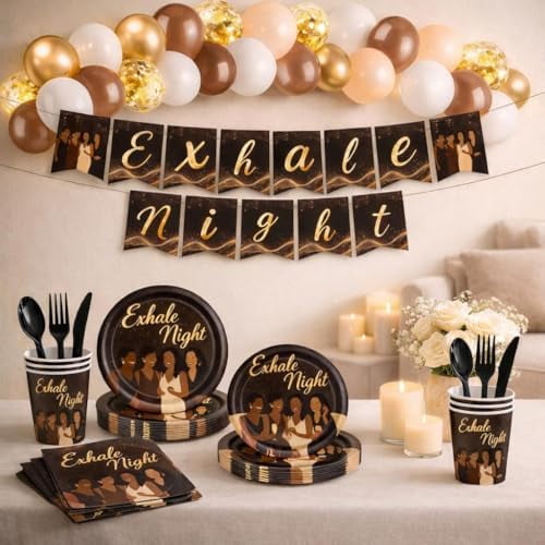 Exhale Night Party Set – Luxury Brown & Gold Girls Night Decorations with Plates, Cups, Balloons & Banner – Celebrate Friendship & Empowerment in Style$$