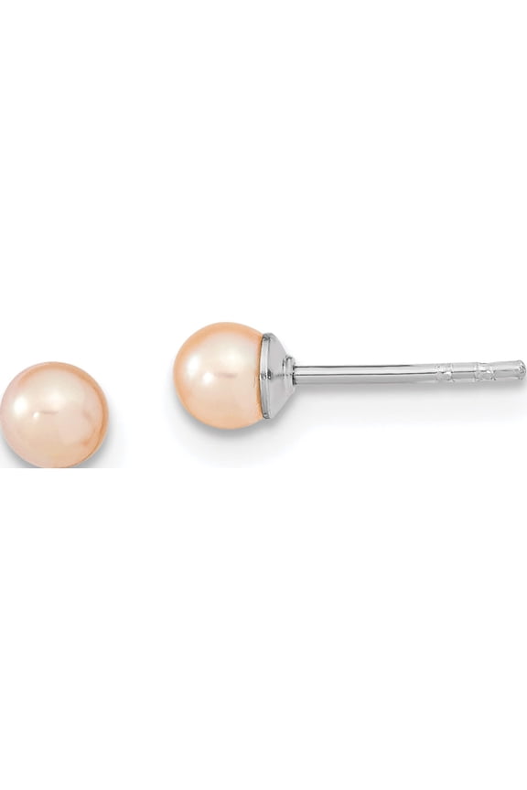 Sterling Silver Rh 3-4mm Pink Fw Cultured Round Pearl Stud Earrings Made In Canada qe12718