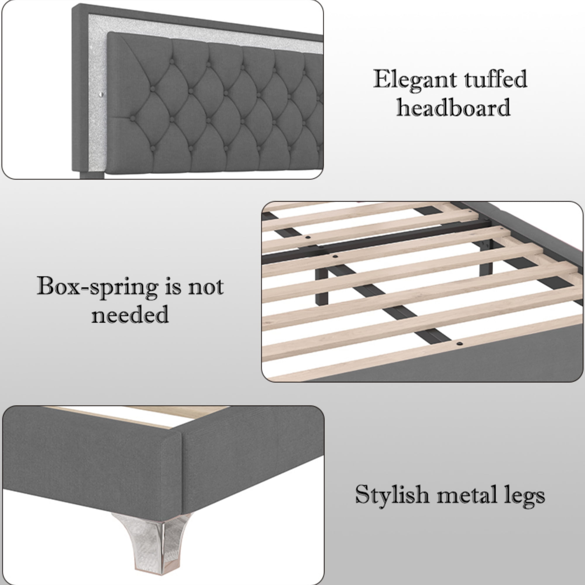 FFZ Velvet Upholstered Queen Platform Bed Frame with LED Lights Tufted Headboard, Gray
