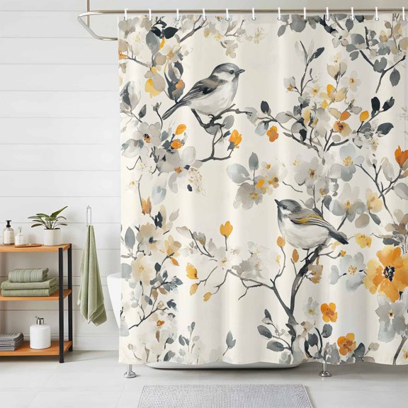 Shower Curtains for Bathroom, Yellow Grey Botanical Waterproof Fabric Shower Curtain, Spring Floral Birds Vintage Decorative Bathroom Curtain for Bathtub, 72"x78", No Hooks Included