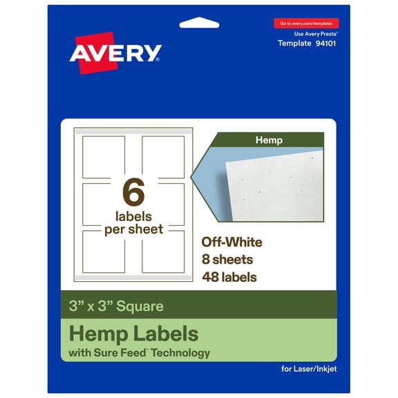 Avery Square Hemp Labels, 3" x 3", Off-White, 48 Labels Total