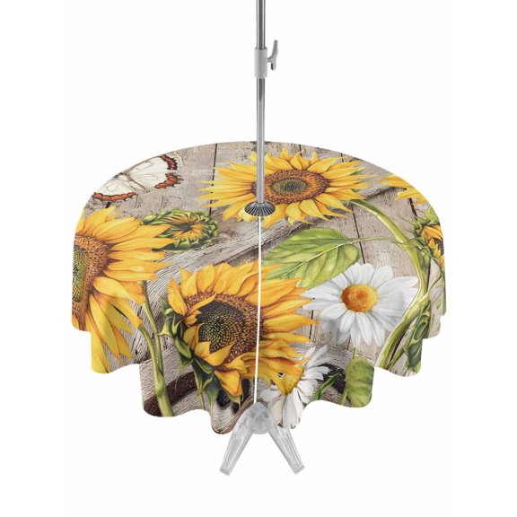 Outdoor Tablecloth with Umbrella Hole for Patio/Picnic/Party/Camping, Farmhouse Sunflowers Waterproof Table Cloth Round Cover Washable, Rustic Barn Doors Flowers Butterfly Wooden (Dia 60")