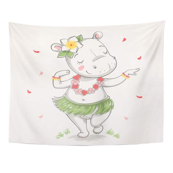 UFAEZU Adorable Cute Baby Hippo Hawaiian Hula Dancer Cartoon Celebration Greeting and Wall Art Hanging Tapestry Home Decor for Living Room Bedroom Dorm 51x60 inch