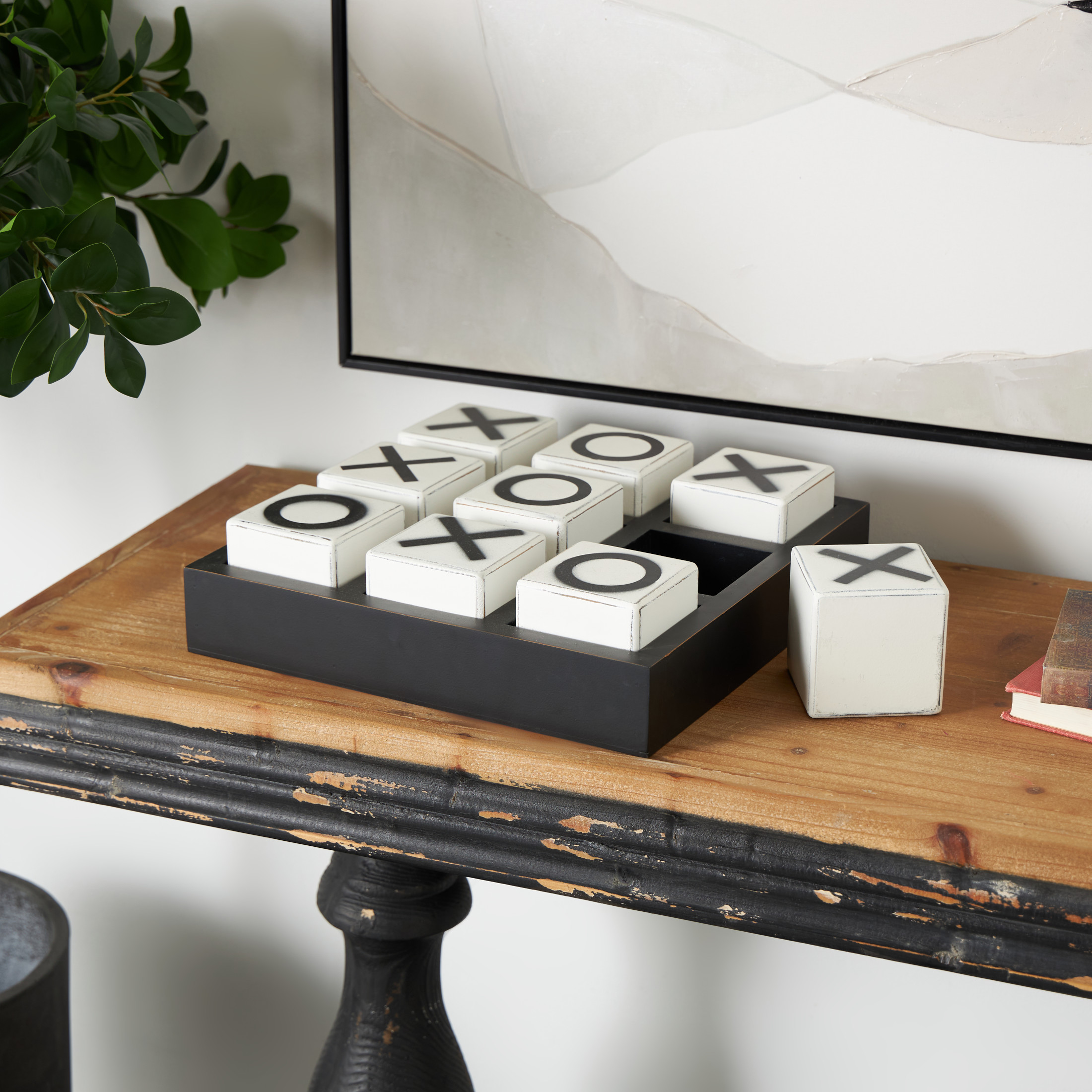 DecMode 14" x 4" Black Wooden Tic Tac Toe Game Set with White Block Pieces, 1-Piece