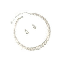 Silver 2 Strand White Pearl Necklace And Matching Dangle Earrings Jewelry Set