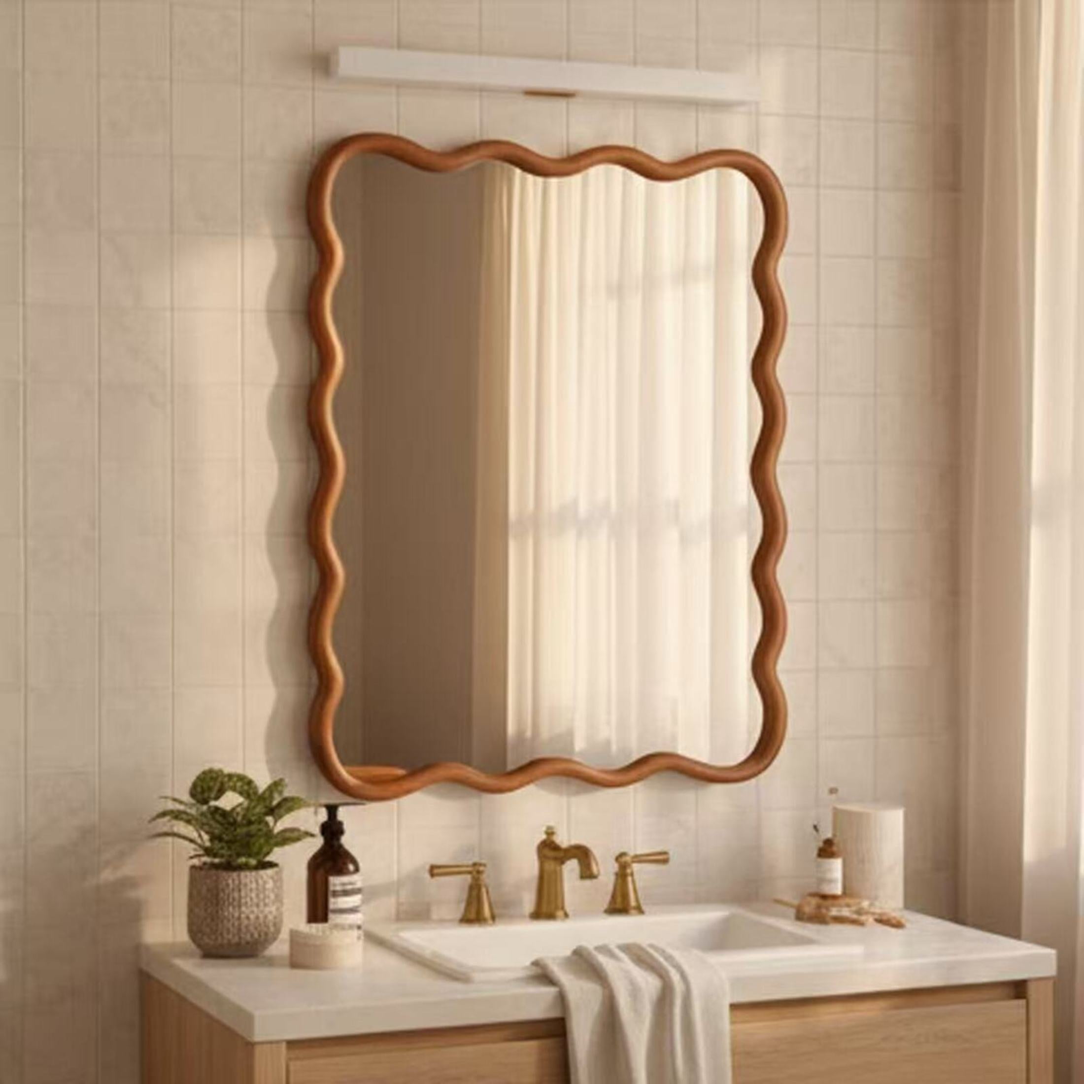 Noble House 30x40 Inch Wavy Rectangle Wall Mirror, Solid Wood Decorative Vanity Mirror, Yellow Brown
