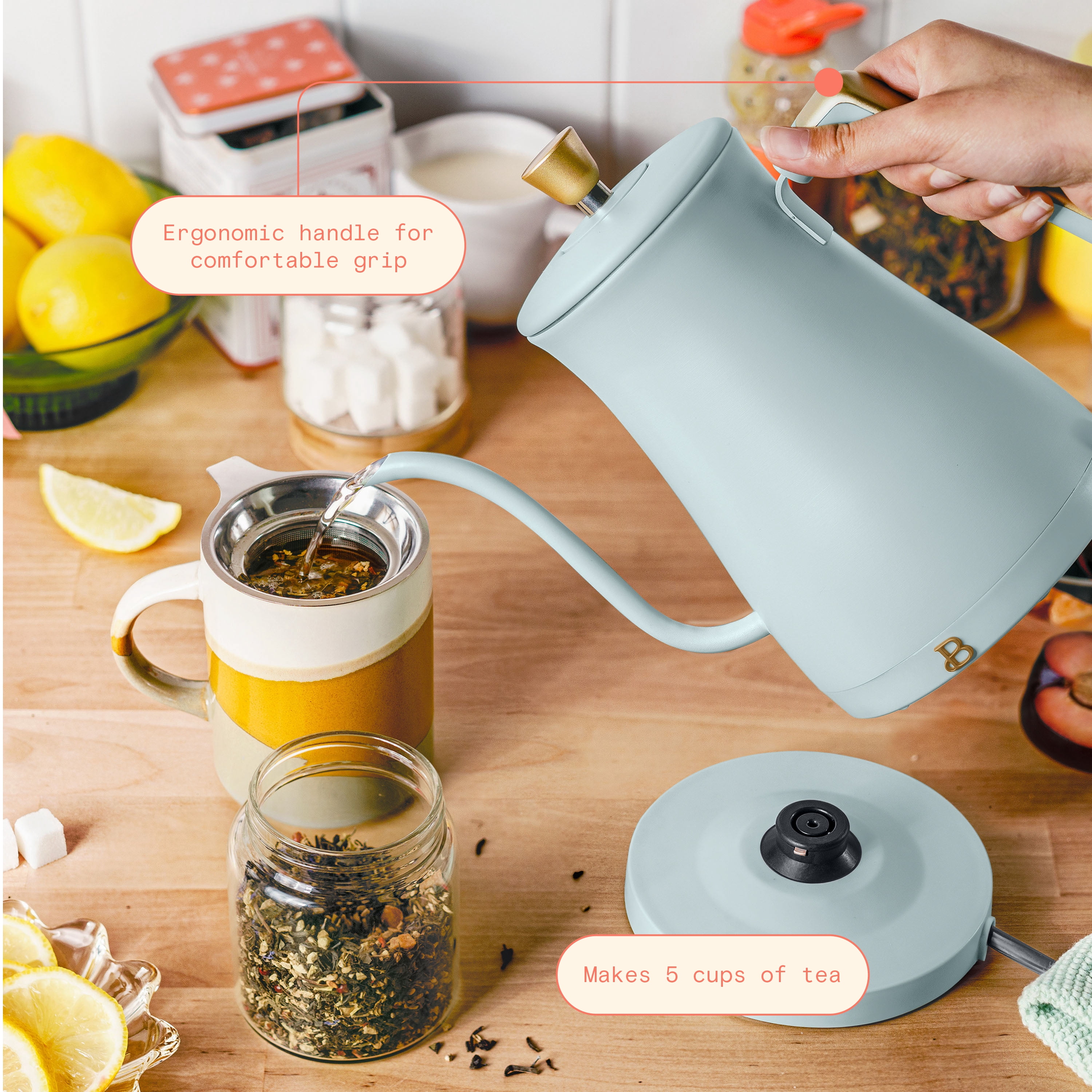 Beautiful 1-Liter Electric Gooseneck Kettle 1200 W, Hydrangea by Drew Barrymore