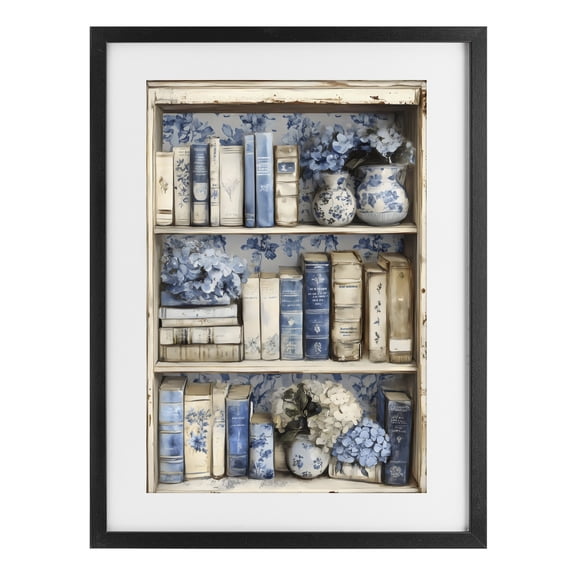 Stupell Industries Blue & Beige Bookcase Black Framed Print Under Glass, design by LSR Design Studio