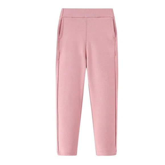 Winter Saving! HVOBTTY Kid's Long Straight Leg Trousers, Children's Solid Color Fleece Pocket Leggings with Warm Elastic Waistband for Boys and Pink, 10 Years