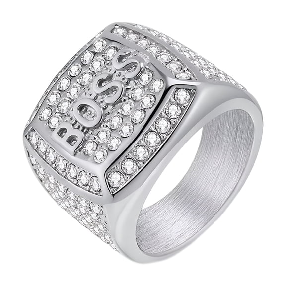 DESIGNICE Men'S Stainless Steel Square Boss Letter Micro Pave CZ Statement Ring Lucky Rich Jewellery Silver Size 11