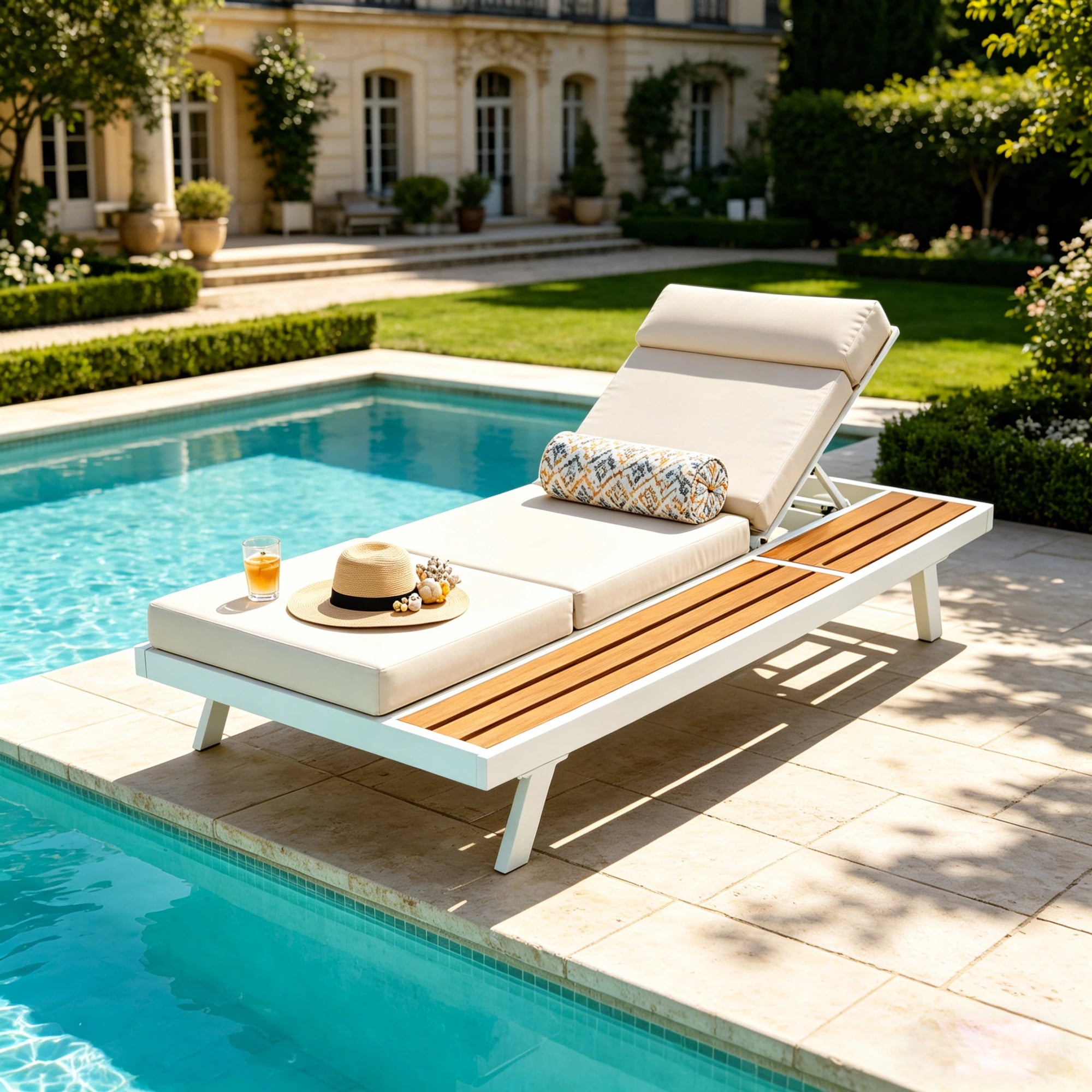 Christopher Knight Home Adjustable Outdoor Chaise Lounge with Headrest Cushion Iron Frame and Wood Side Shelf White+Cream