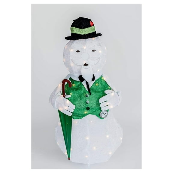 36" Tinsel Sam the Snowman Christmas Decoration with Umbrella - Rudolph The Red-Nosed Reindeer Holiday Figure - 80 Clear Lights - Indoor Outdoor Decor